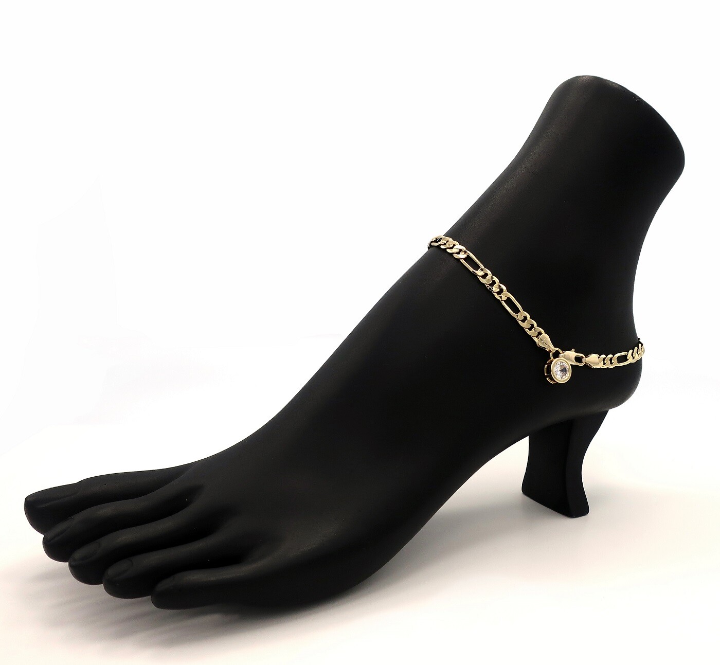10″ ITALIAN FIGARO LINK CHAIN ANKLET CUBIC ZIRCONIA ANKLE BRACELET GOLD PLATED