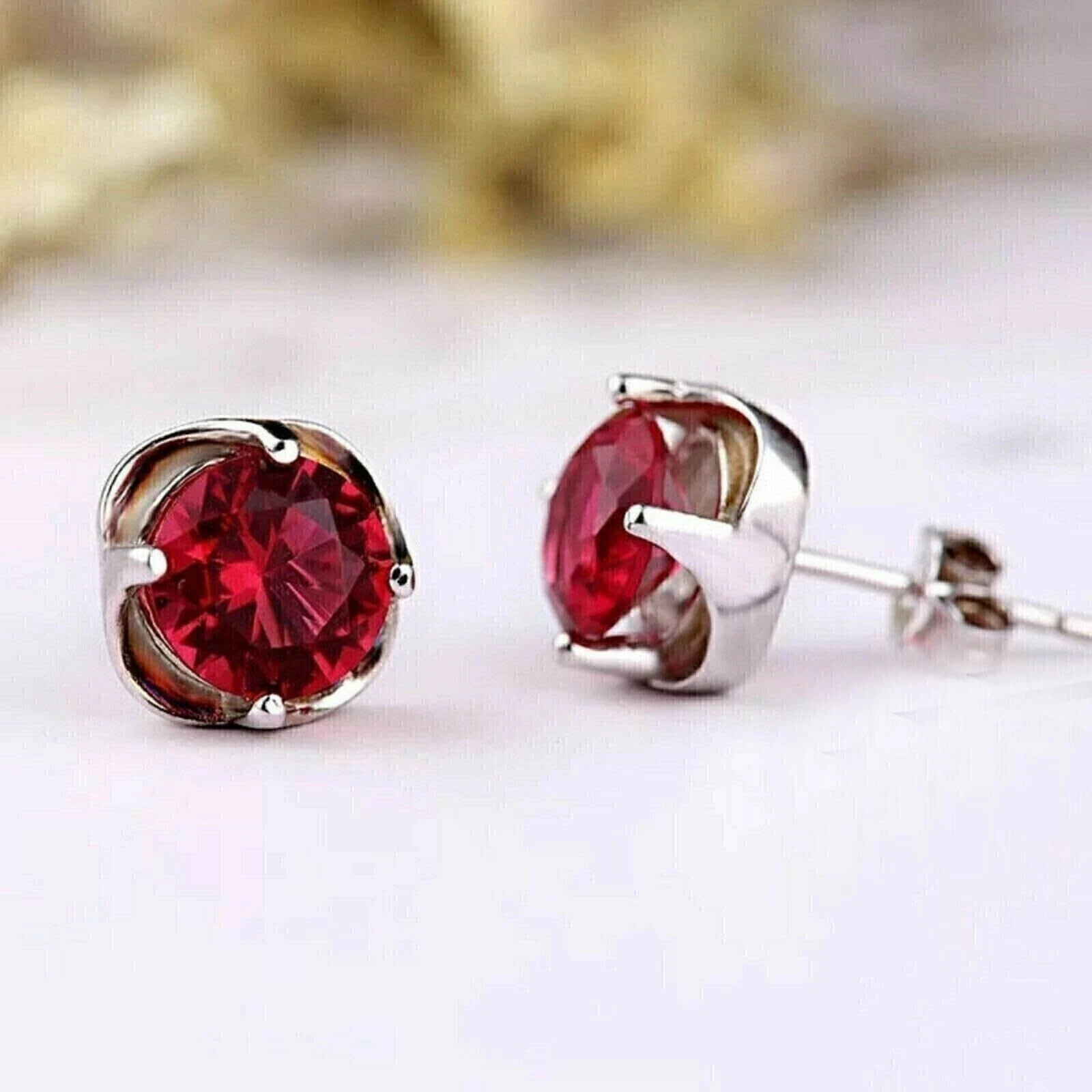 2.00Ct Round Cut Lab-Created Red Ruby Men’s Stud Earrings 14K White Gold Plated