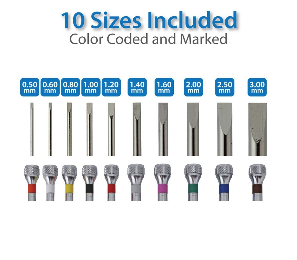 Watchmakers Ergonomic Screwdriver Assortment 10 Sizes with 2 Extra Blades Each