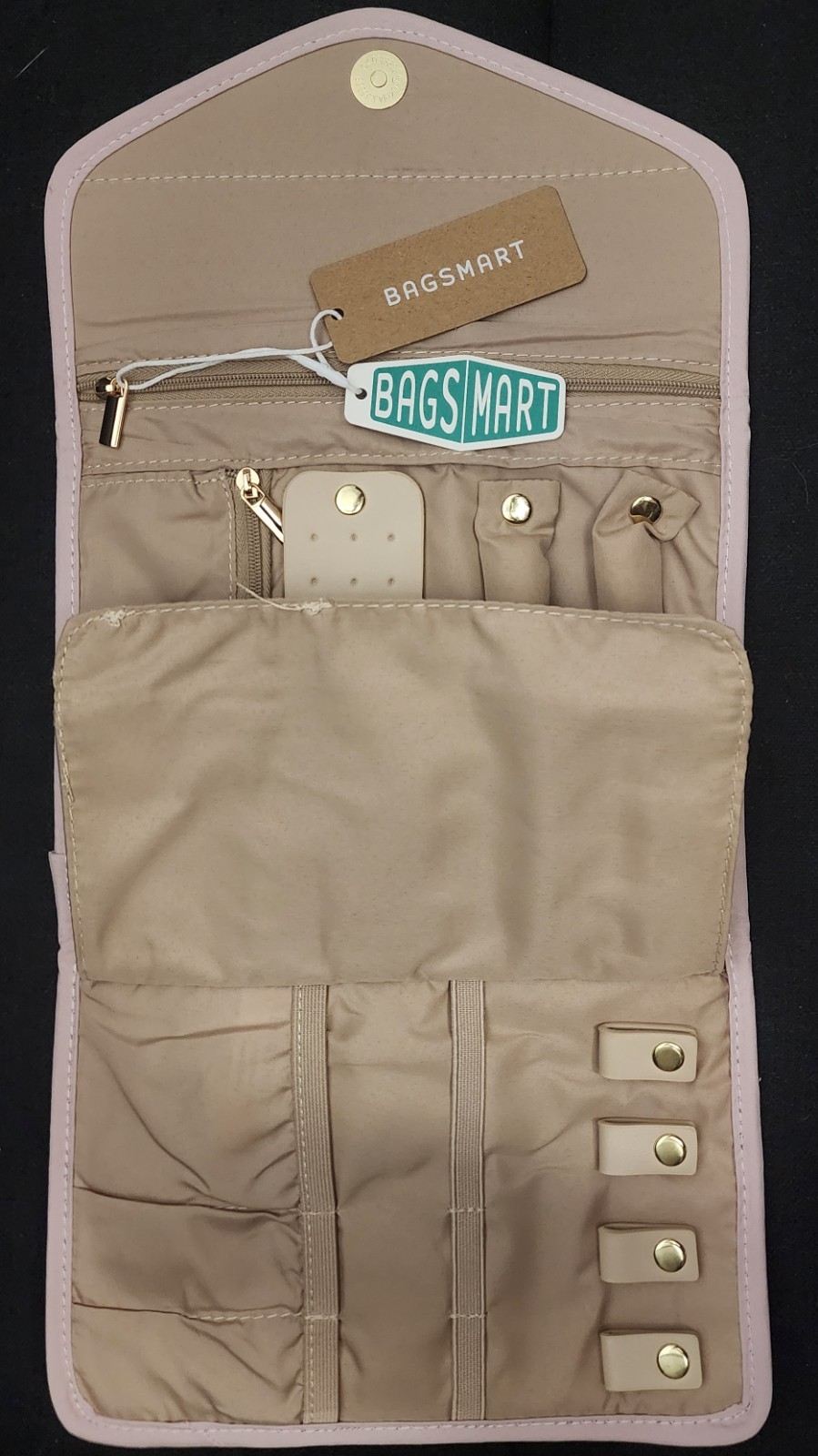 Bagsmart Beige Travel Jewelry Roll Organizer with Compartments & Zippered Pocke…