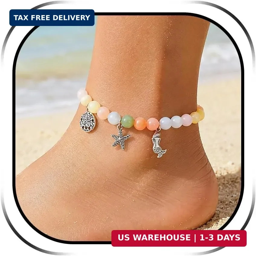 Dopamine Beaded Anklets for Women, UV Reactive Color Changing Summer Beaded Ankl