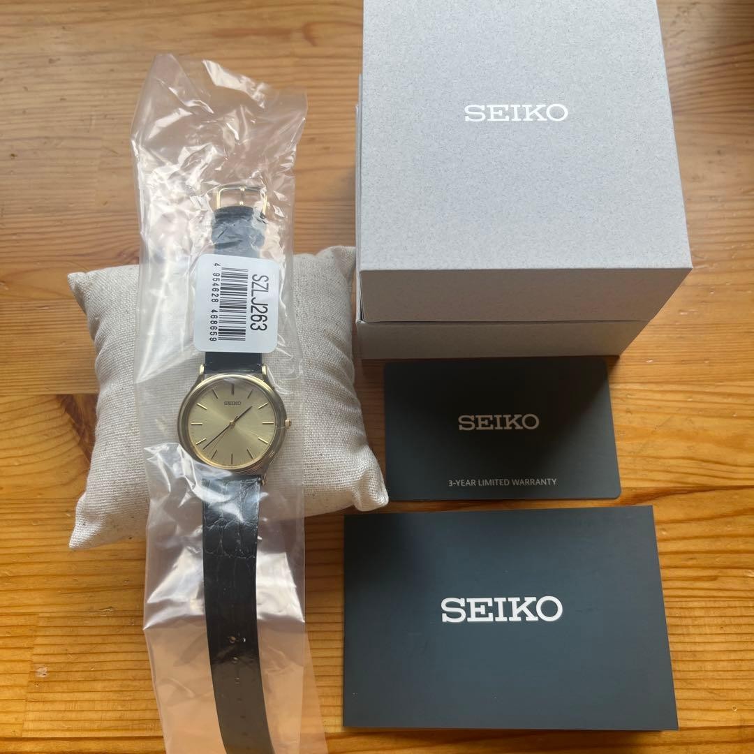 New SEIKO Quartz Gold Dial Leather Strap Watch Bar Index Box Warranty 3 Year
