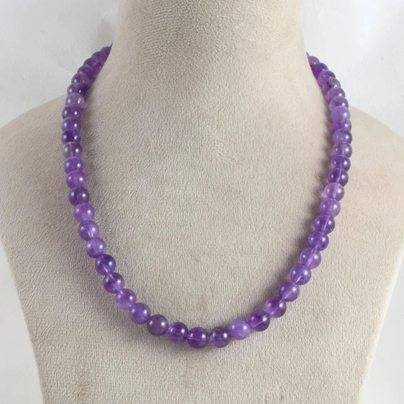 Natural Purple Amethyst 8mm Round Beaded Necklace 925 Silver Handmade Gift 18″