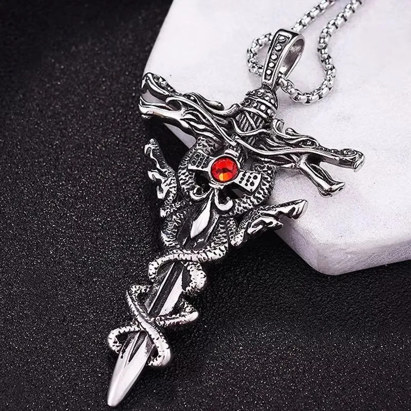 Punk Fashion Titanium Steel Necklace for Men Alloy Double Dragon Sword Pendant C