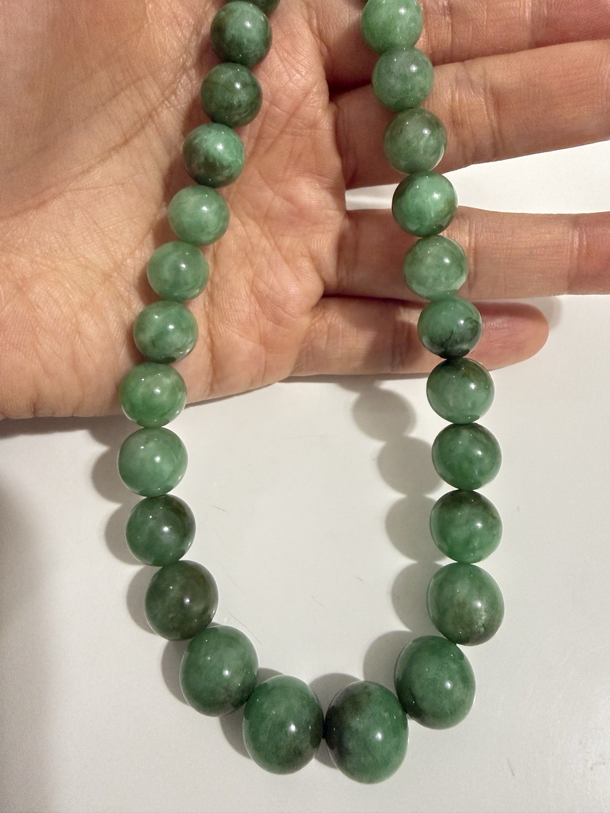 Natural Dark Green Jade Bead Strand Necklace Graduated Jadeite Round Beads 18″