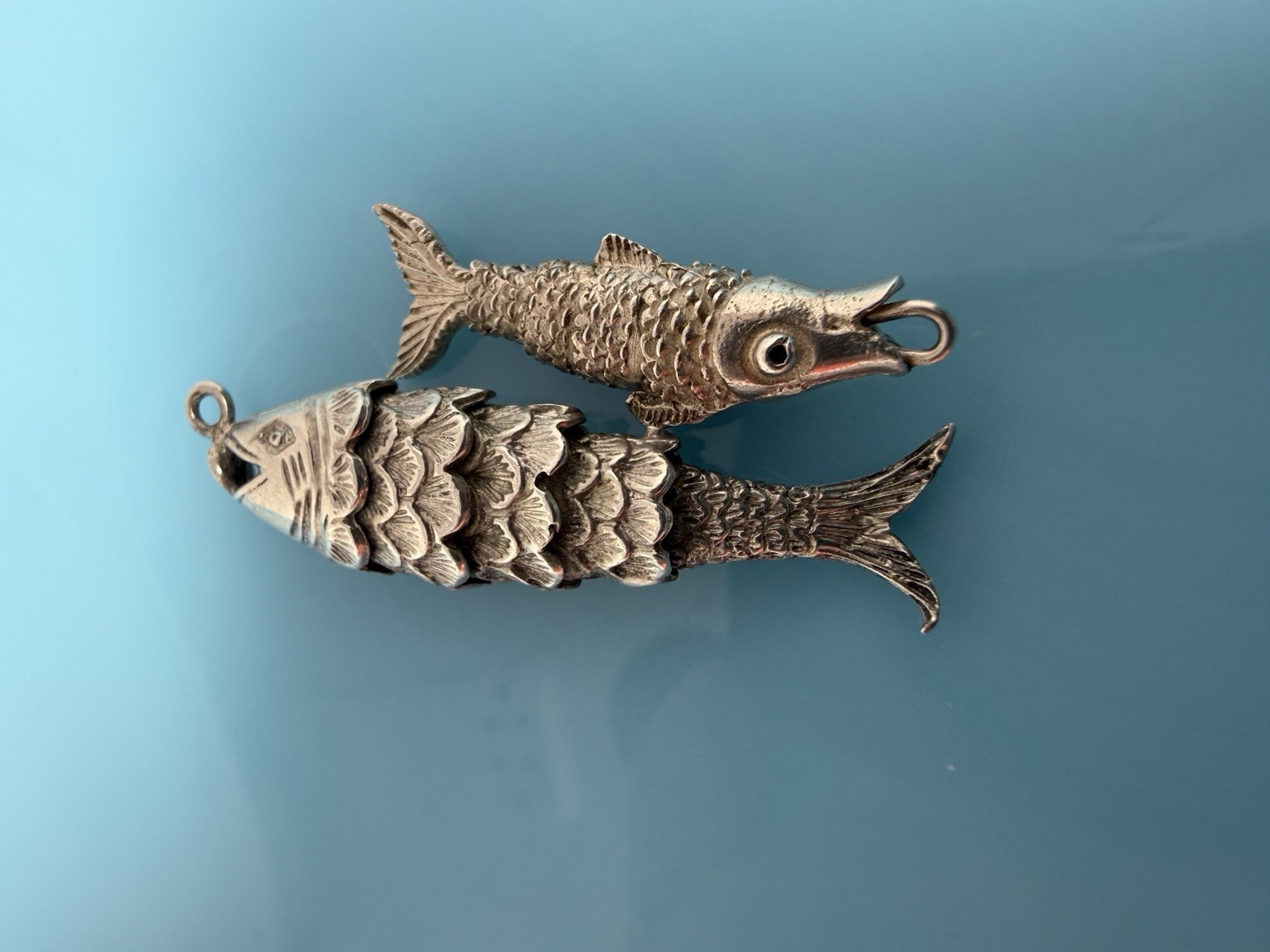 Large Vintage Sterling Silver Articulated Goldfish Koi Pair Pendant Charm Fish