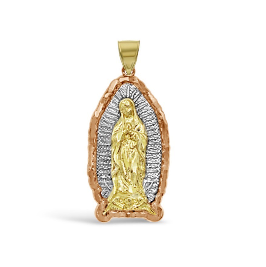 Virgin Mary Guadalupe Pendant 10K Tri Color Gold Religious Charm 1.4 in