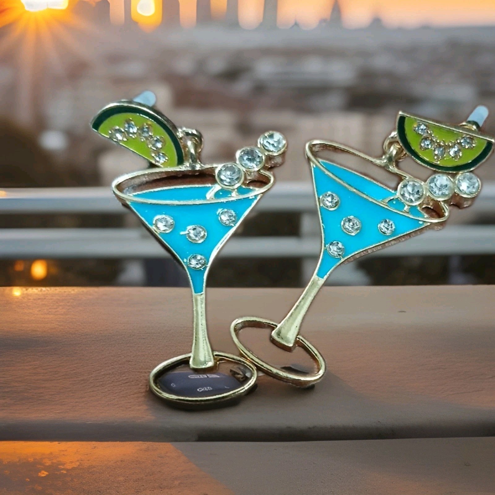 Martini Style Dangle Earrings Blue Enamel&clear Rinestones ,Goldtone, Lime Slice
