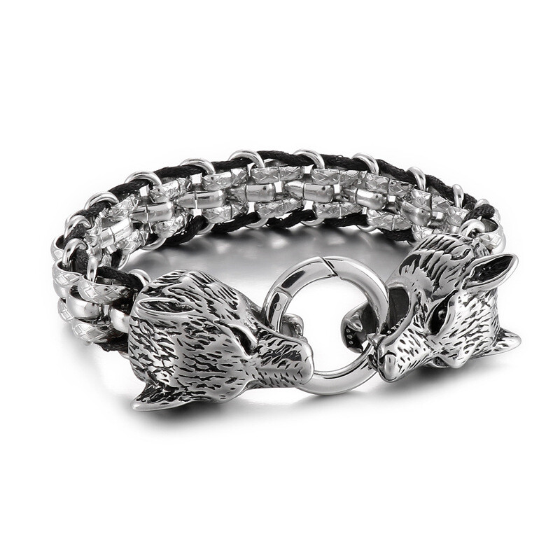 Stainless Steel Mens Fashion 7-9 Inch Biker Wolf Head Bracelet Unique Link Desig