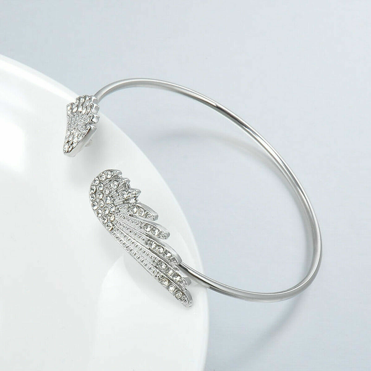 Elegant 925 Sterling Silver Angel Wings White Topaz Fashion Bracelet Bangle Cuff