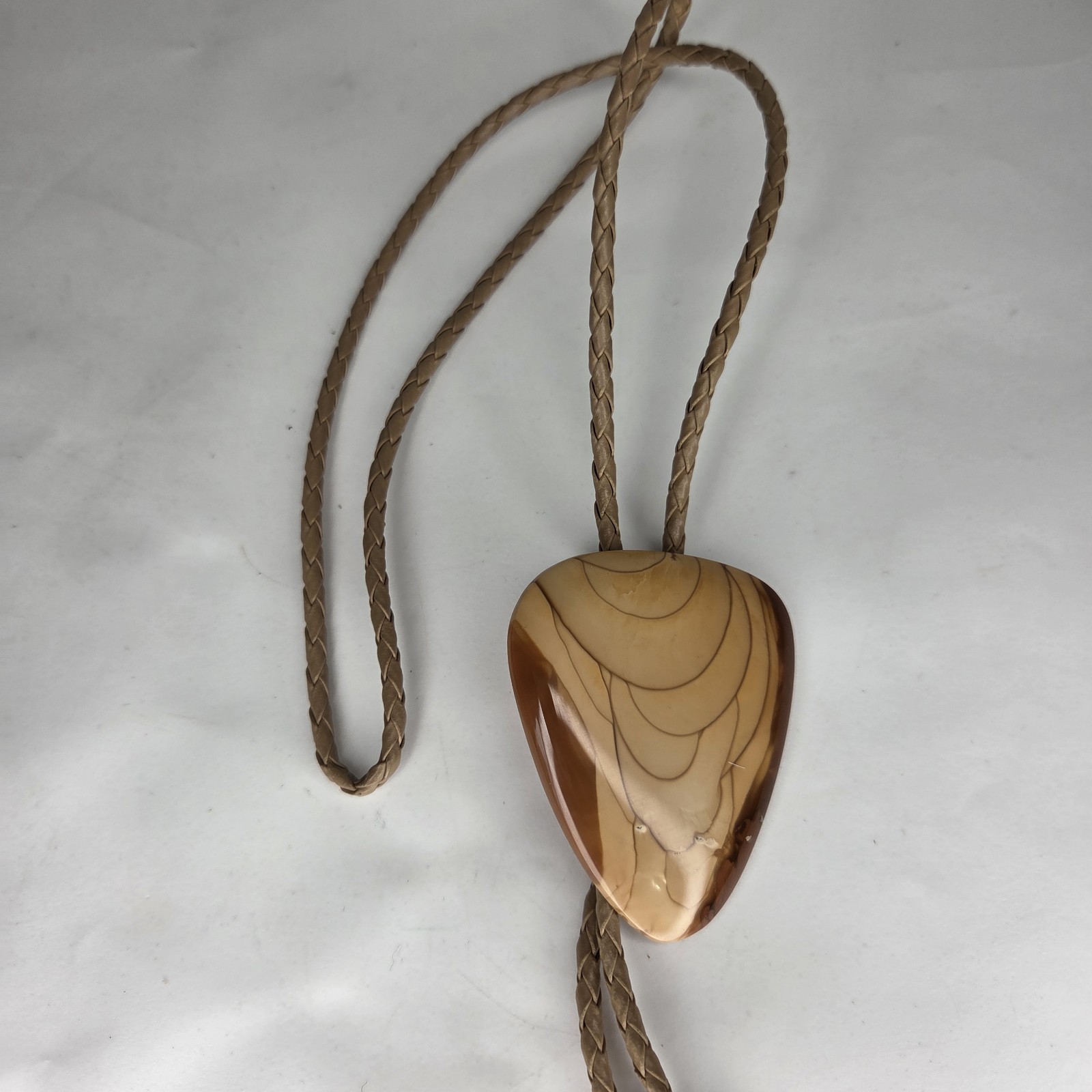 VTG Bennett Southwest Native Tan Brown Stone Leather Sterling Silver Bolo Tie