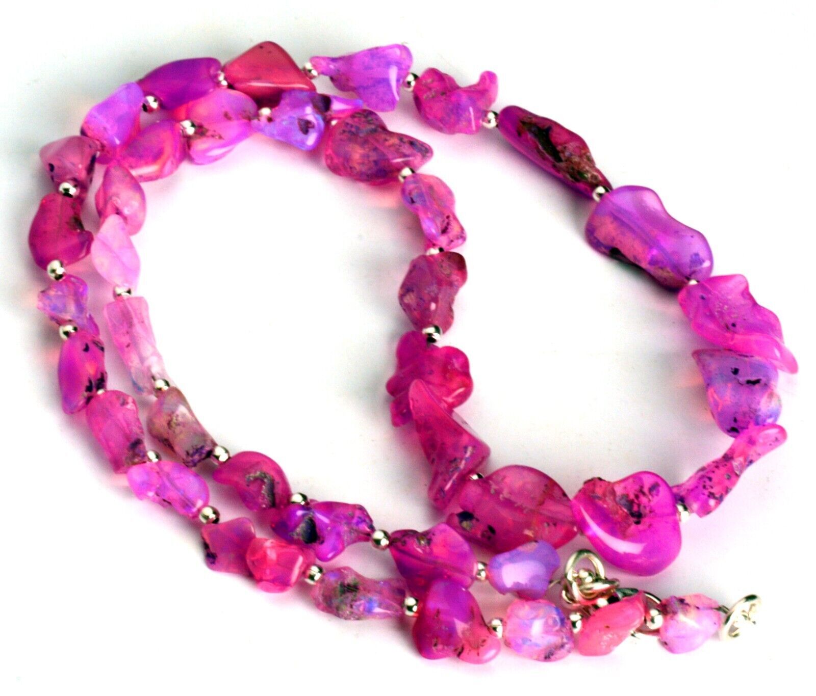 Natural Rainbow Fire Pink Opal Gem 7 to 13 mm Rough Nugget Beads 17.5″ Necklace
