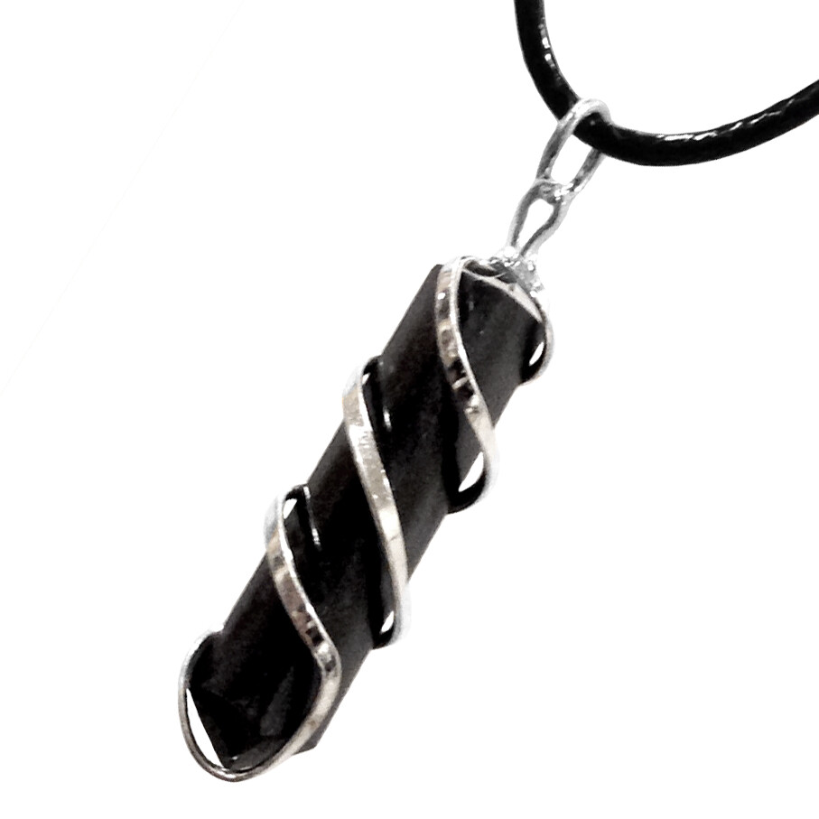 Black Tourmaline Spiral Wire Wrap Pendant Point Chakra Crystal Silver Necklace