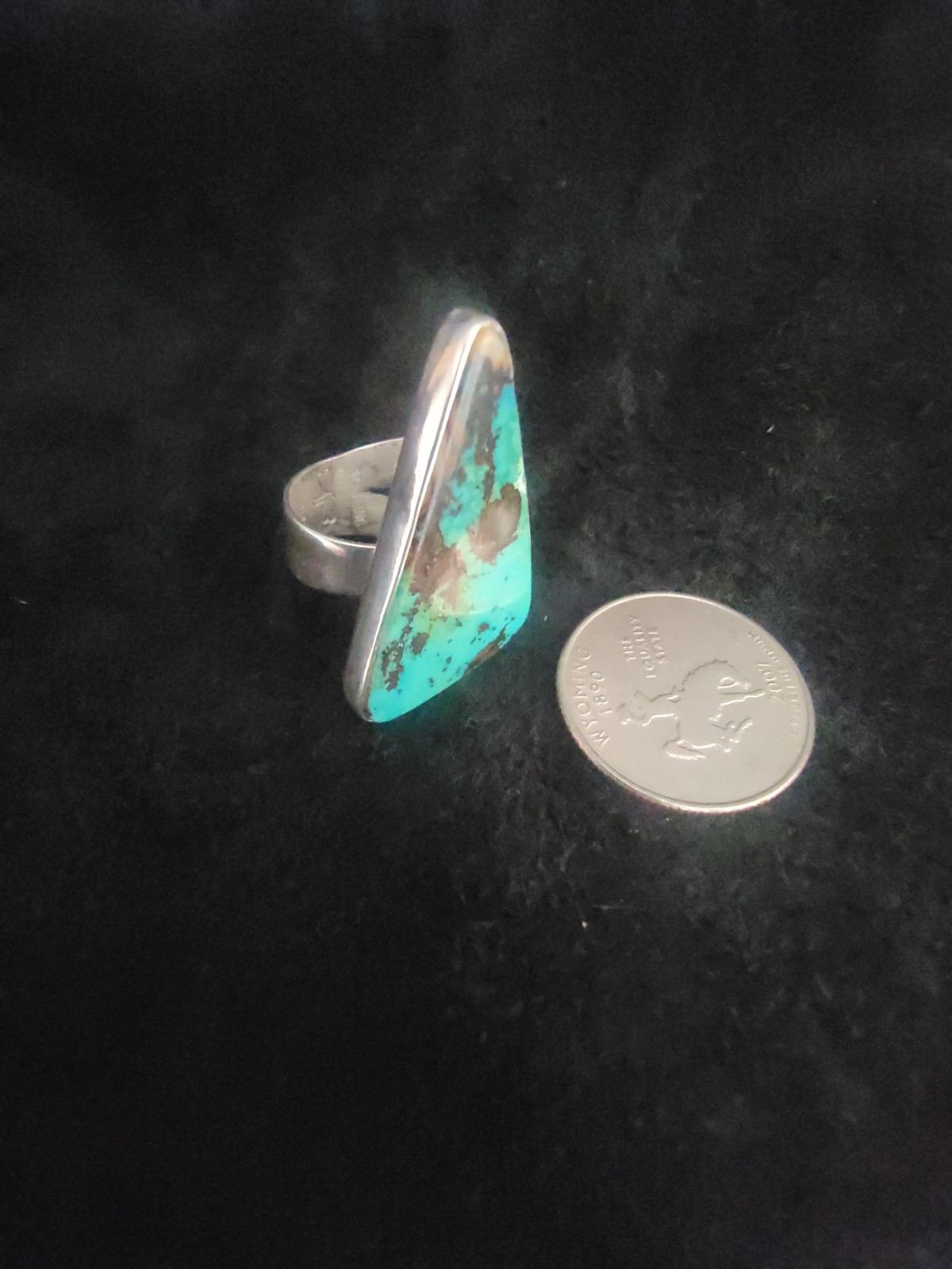 Big Blue Green Royston Turquoise Stone Adjustable Ring Signed 925 Sterling 13.5g