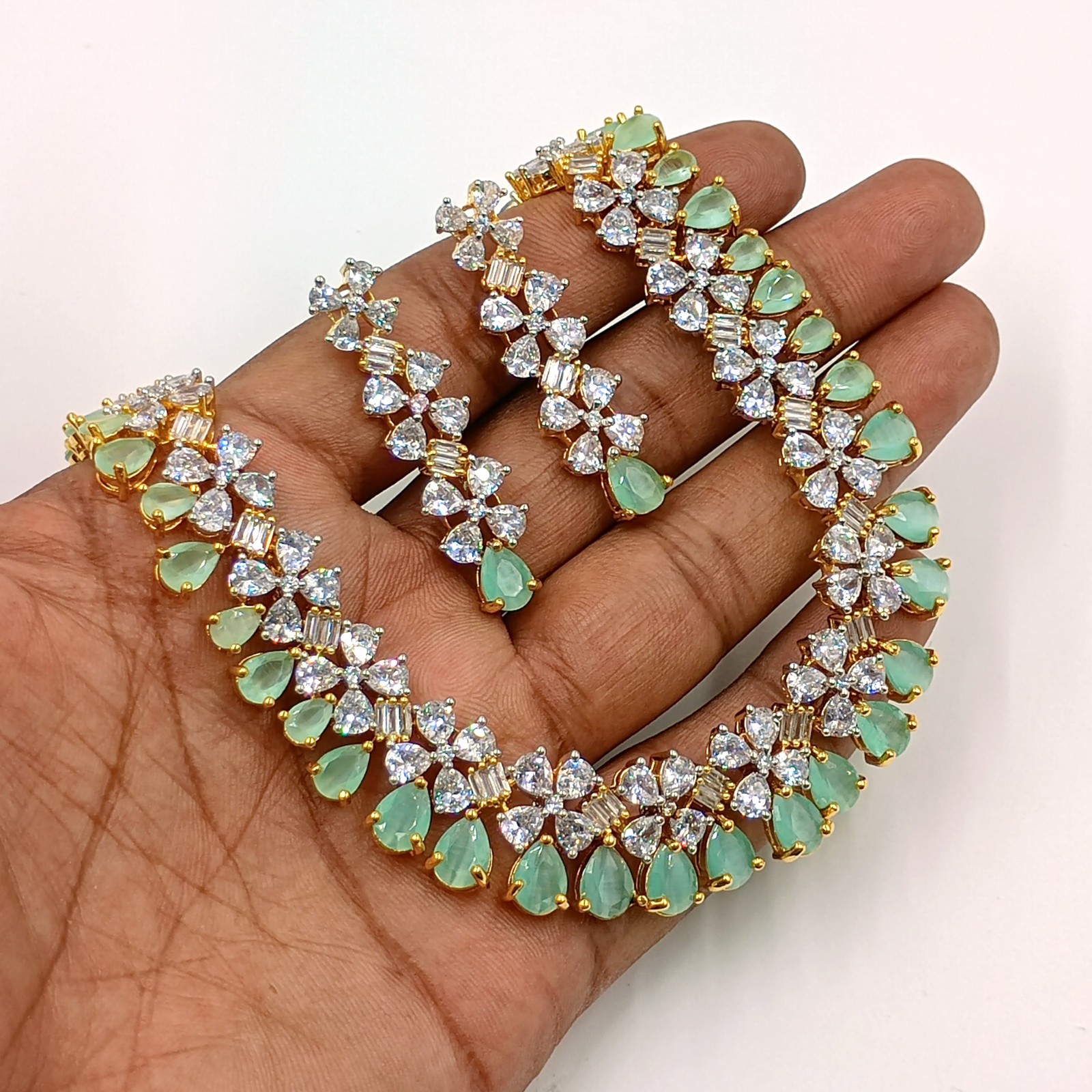 Designer Chalcedony CZ Diamond Gold Plated Necklace Set Bridal Jewelry For Women
