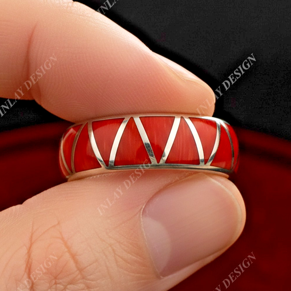 Natural Coral Gemstone Ring In 925 Sterling Silver Trillion Shape Inlay Jewelry.