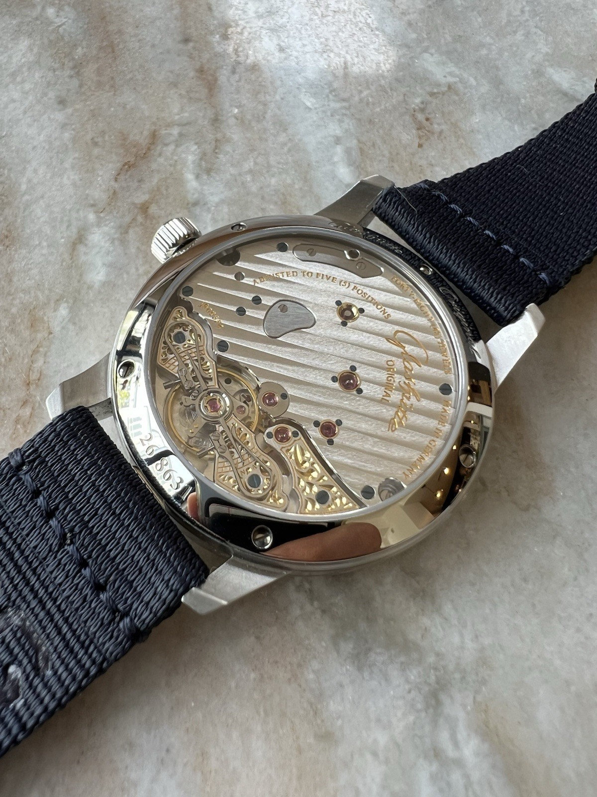 Glashütte Original PanoReserve Blue Dial Manual Date PR Nylon Strap Box Papers