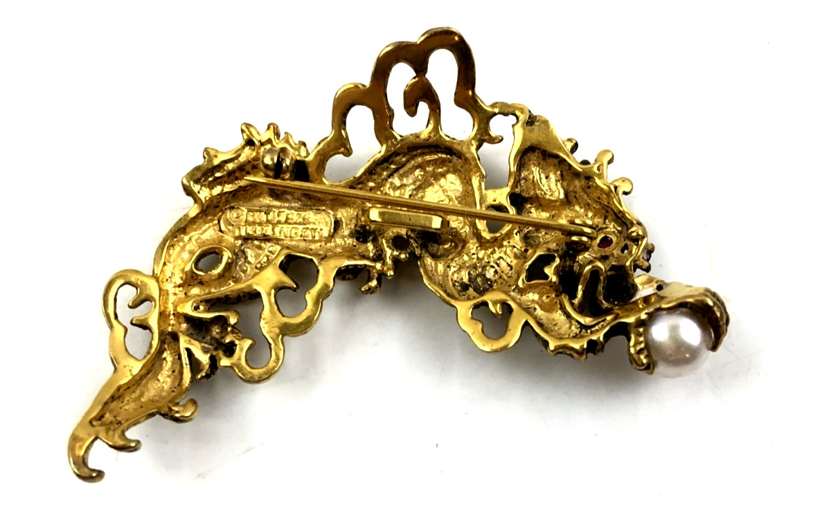 Vtg Antique Mark EN 87 Sterling Silver Gold Chinese Dragon Ruby Yes Brooch Pin