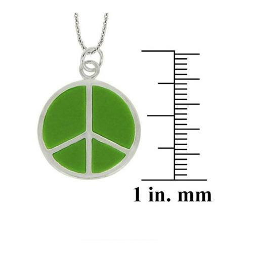 925 Silver Green Enamel Peace Sign Pendant, 18″