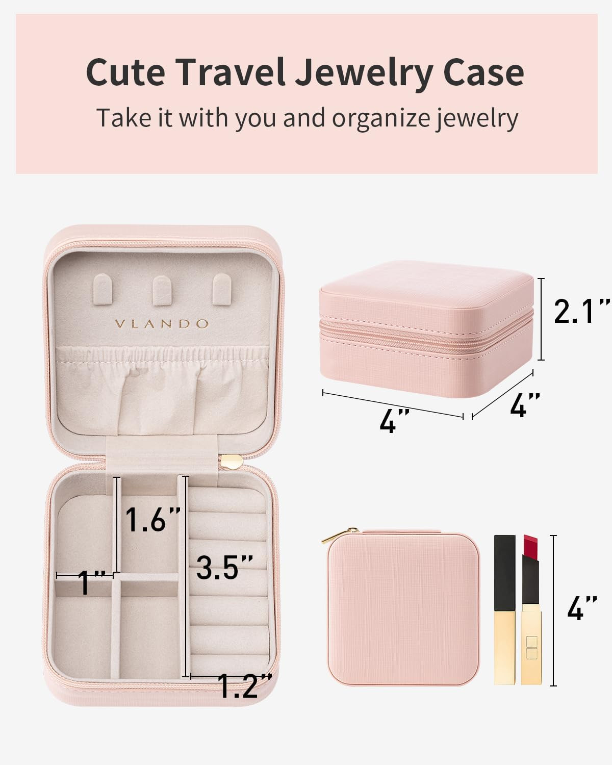 Pink Travel Jewelry Case Teacher Gift Organizer Box for Women Girls