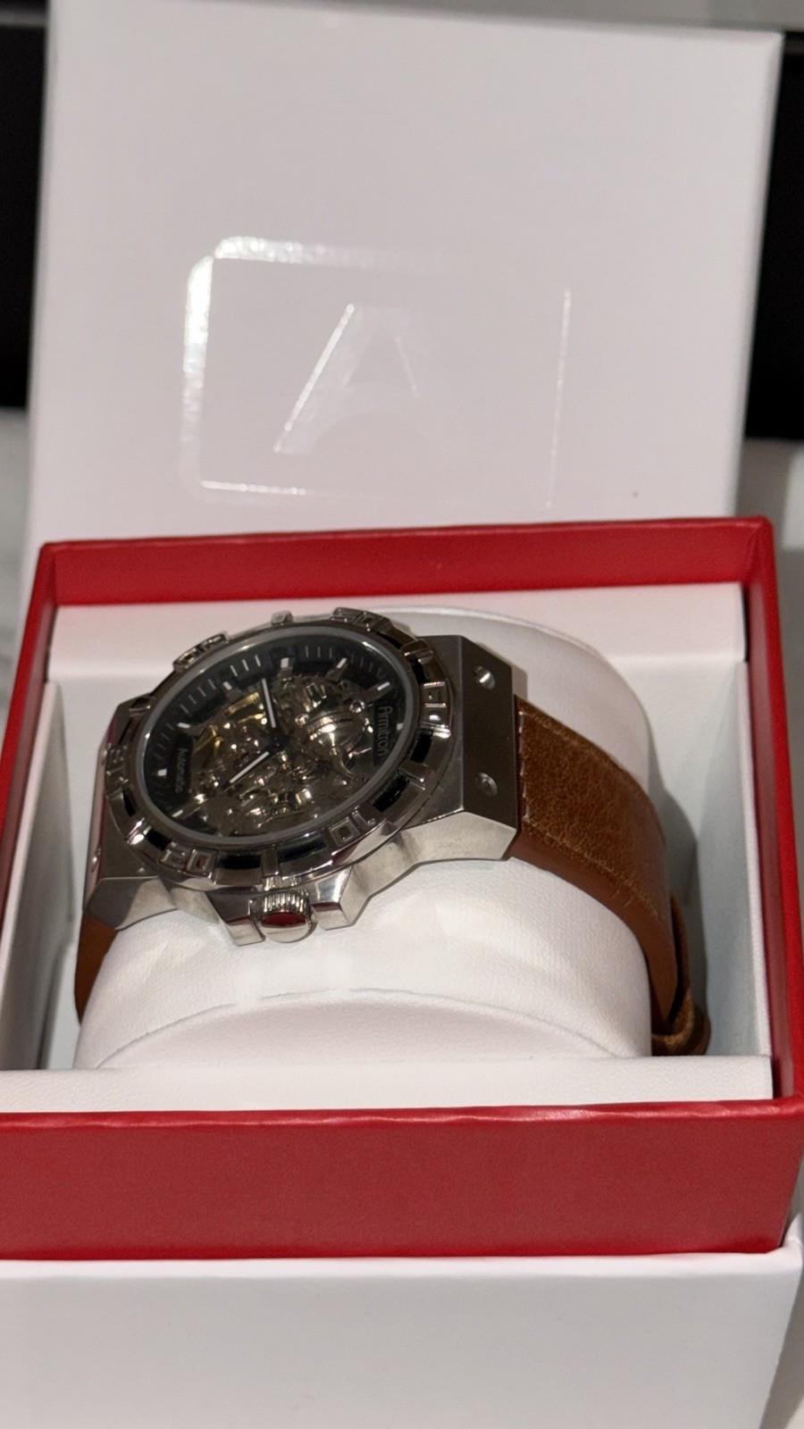 Armitron Men’s Skeleton Dial Automatic Watch Brown Leather Strap Silver Case