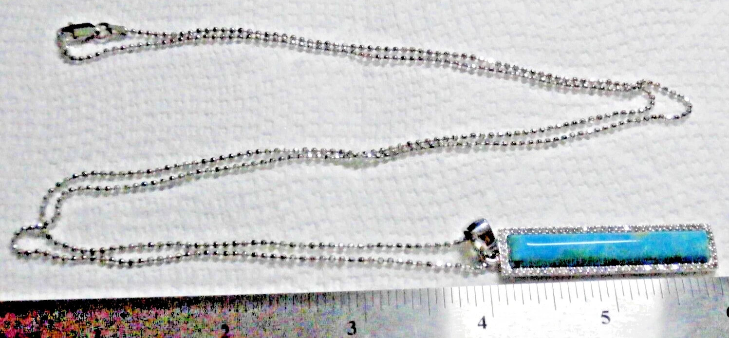 Silver Turquoise Bar Pendant Necklace w White Zircon on 32 in Silver .925 Chain