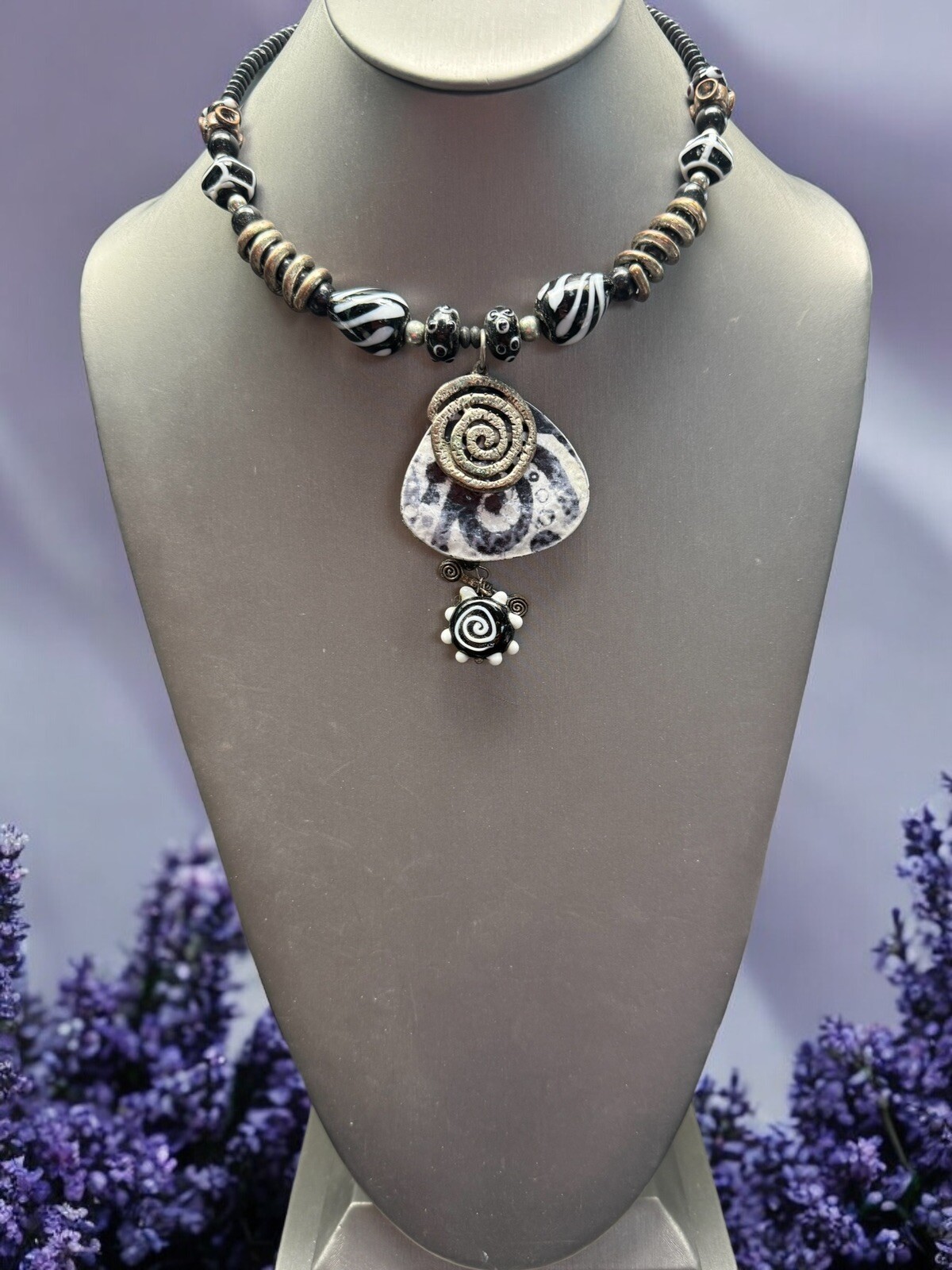 Vintage Necklace Black Silver, Zebra Flex Wire, Choker, Necklace, Dangle Pendant