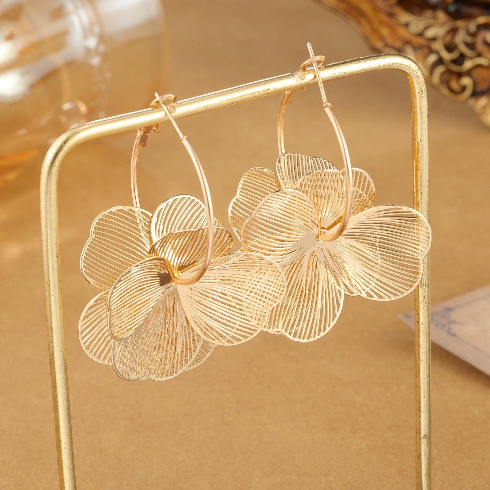 Dangle Flower Earrings for Women Statement Trendy Hoop Earring Moderate, Gold