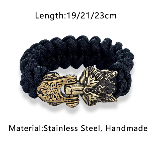 Vintage Viking Wolf Bracelet Men Bronze Stainless Steel Rune Charm Survival Rope