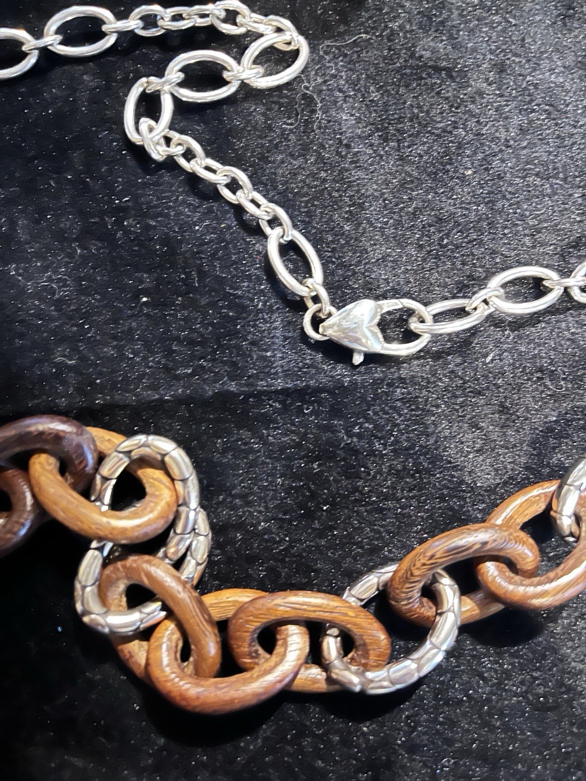 Retired Brighton Brown Wood & Silver Tone pebble Link Chain Necklace Clasp Adj