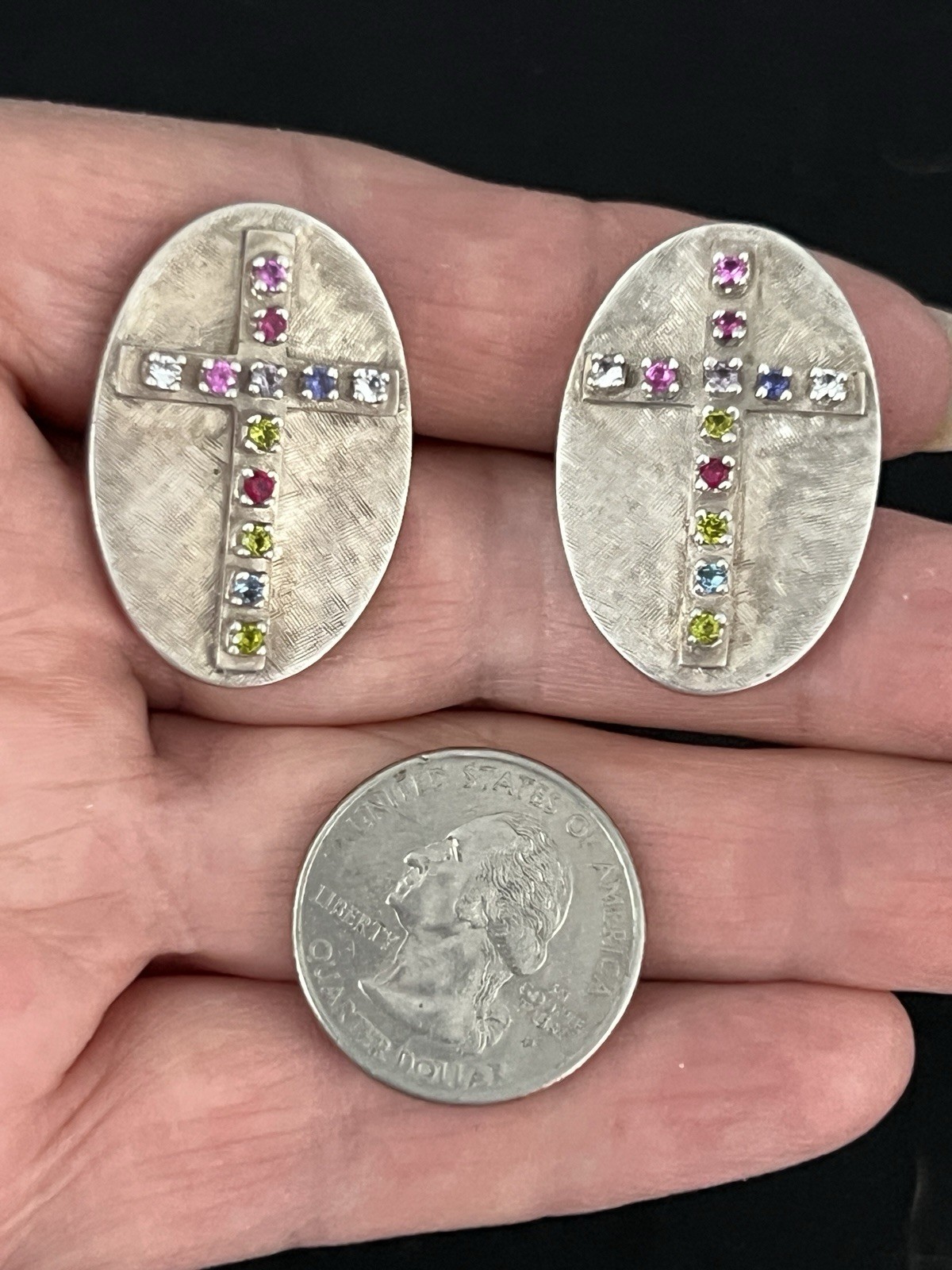 VINTAGE STERLING SILVER LARGE CUFFLINKS MULTI-STONE CROSSES DECORATION 36.3G