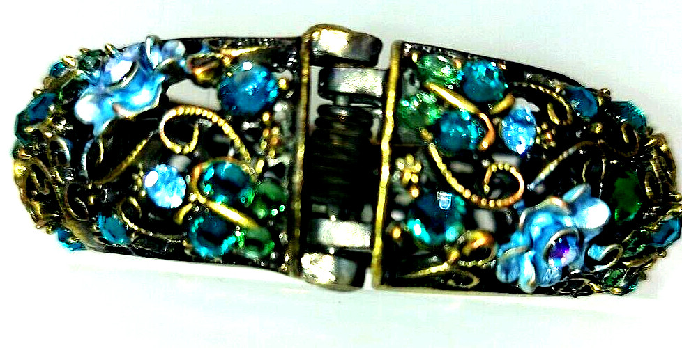 Jewelry Brass Clasp Bracelet w/Blue and Green Gems Floral Pattern 2.25 in As Is