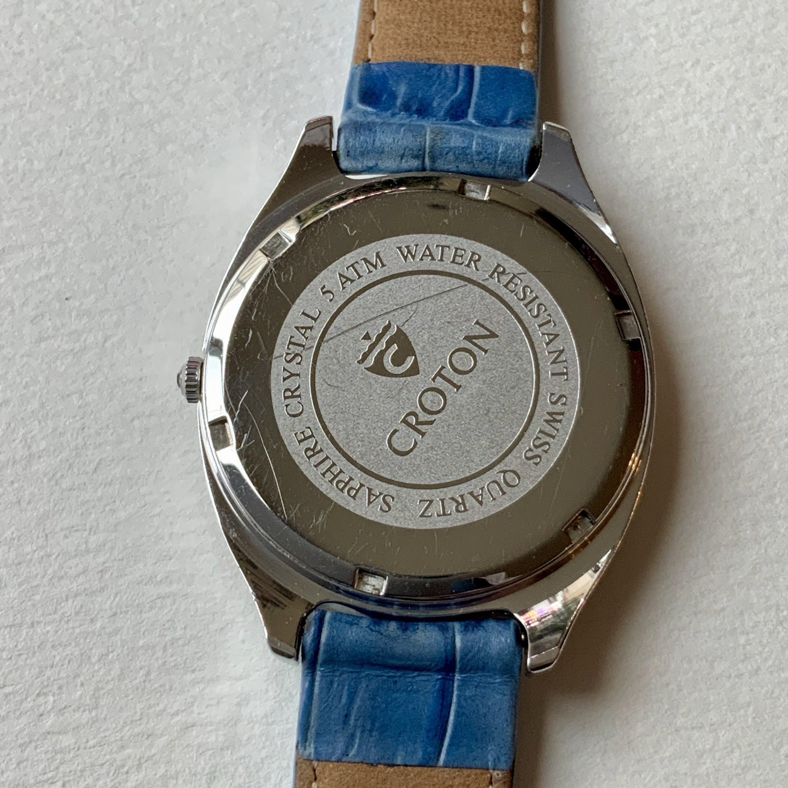 Croton Oval Watch Pavé Crystal CZ Case & Dial Blue Leather Strap Swiss Quartz
