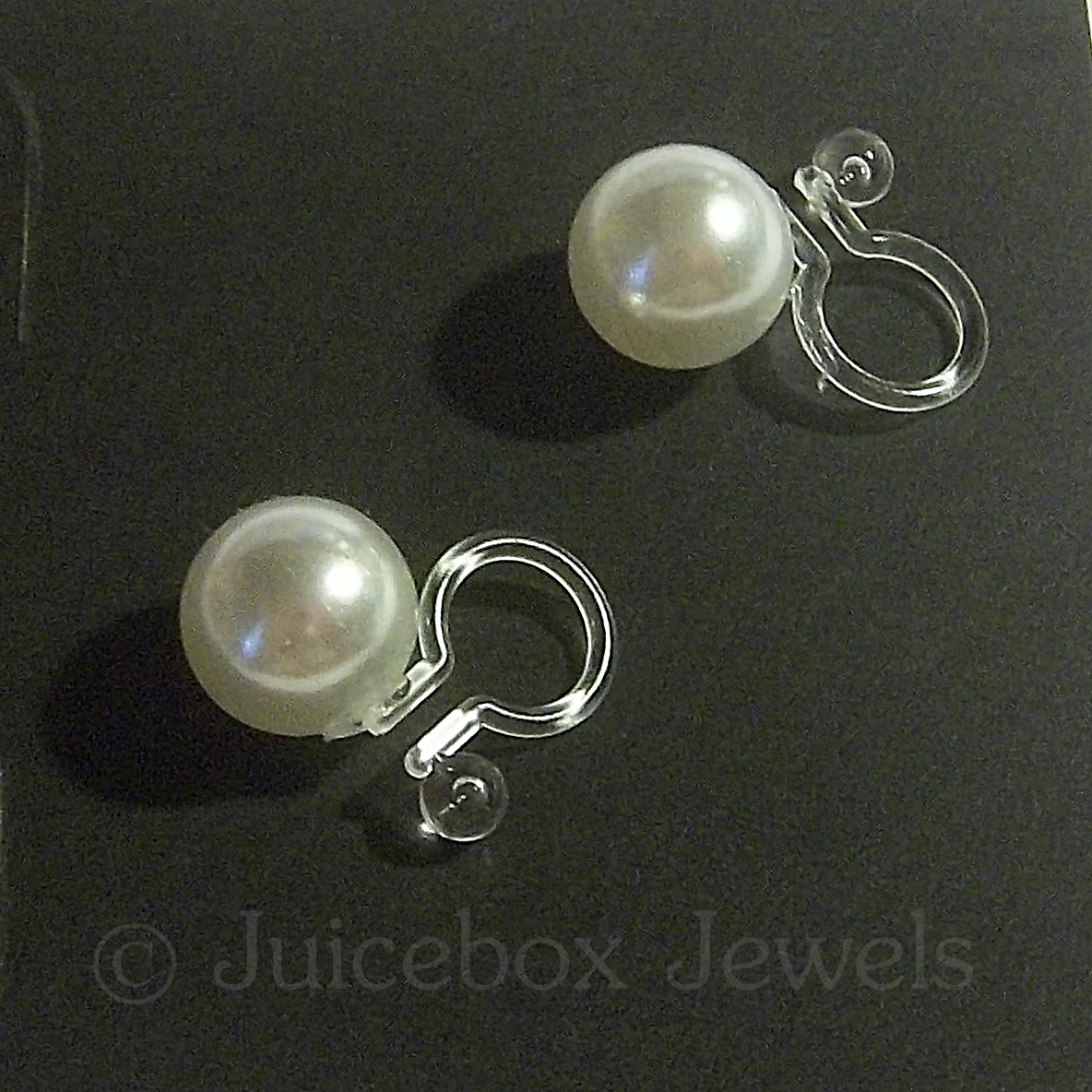 Invisible 8mm Faux White Pearls, Round Clip On Stud Non-Pierced Earrings Y187