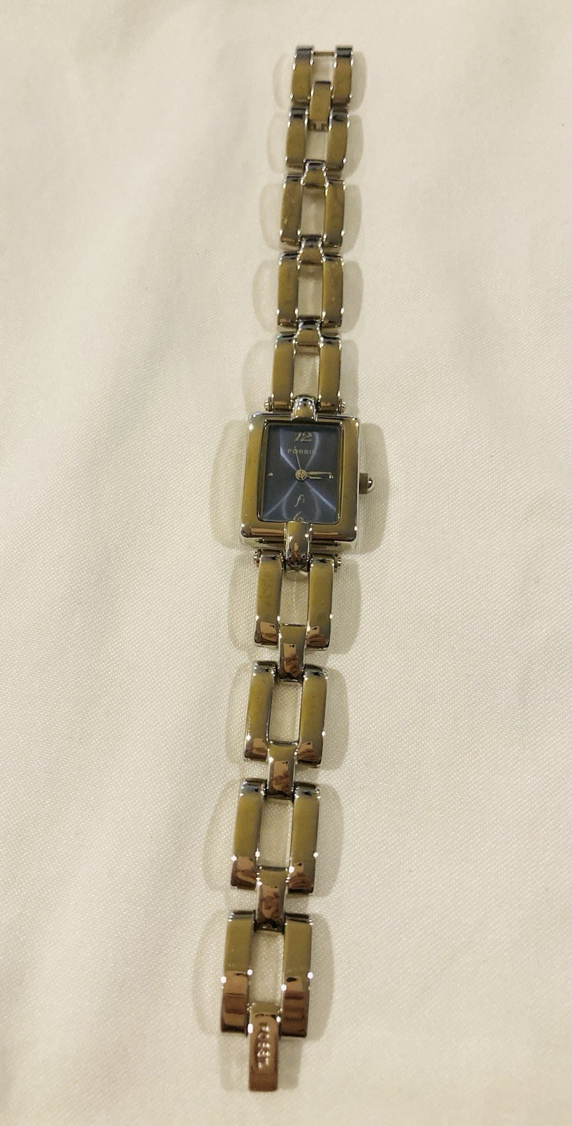 Fossil F2 Watch Women 19mm Silver Tone Rectangle Blue Dial Original Box