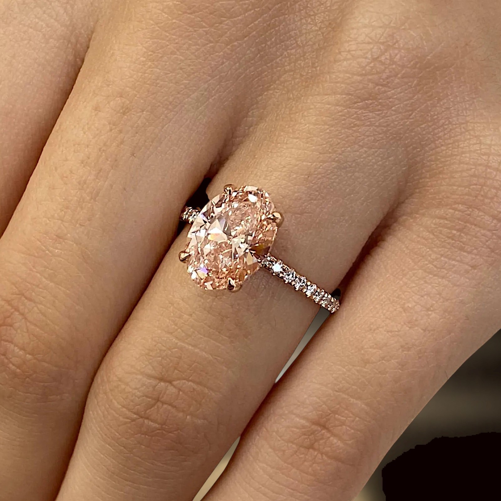 14k Rose Gold 3.25 Carat Fancy Vivid Pink Oval Cut IGI Lab Created Diamond Ring