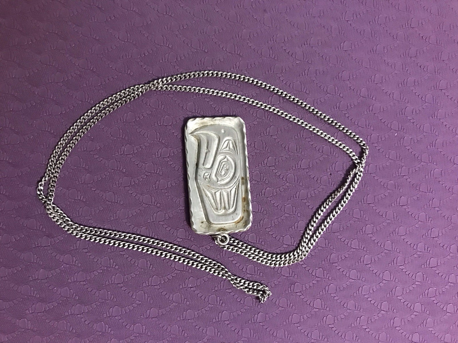 Pewter Rectangle totemic eagle head Pendant Necklace with 15” Curb Chain