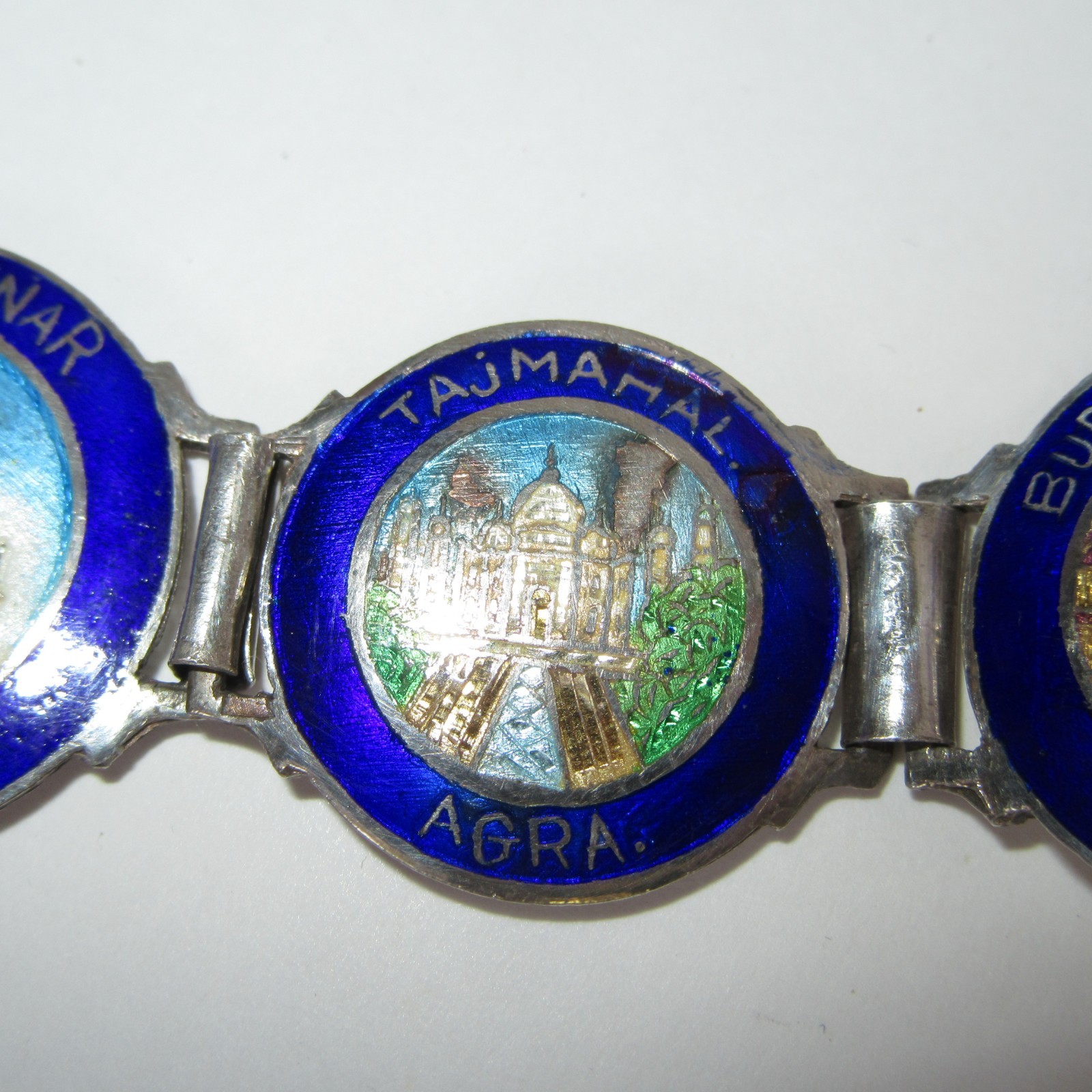 VTG Art Deco Silver Enamel India Souvenir Bracelet Taj Mahal Golden Temple Delhi