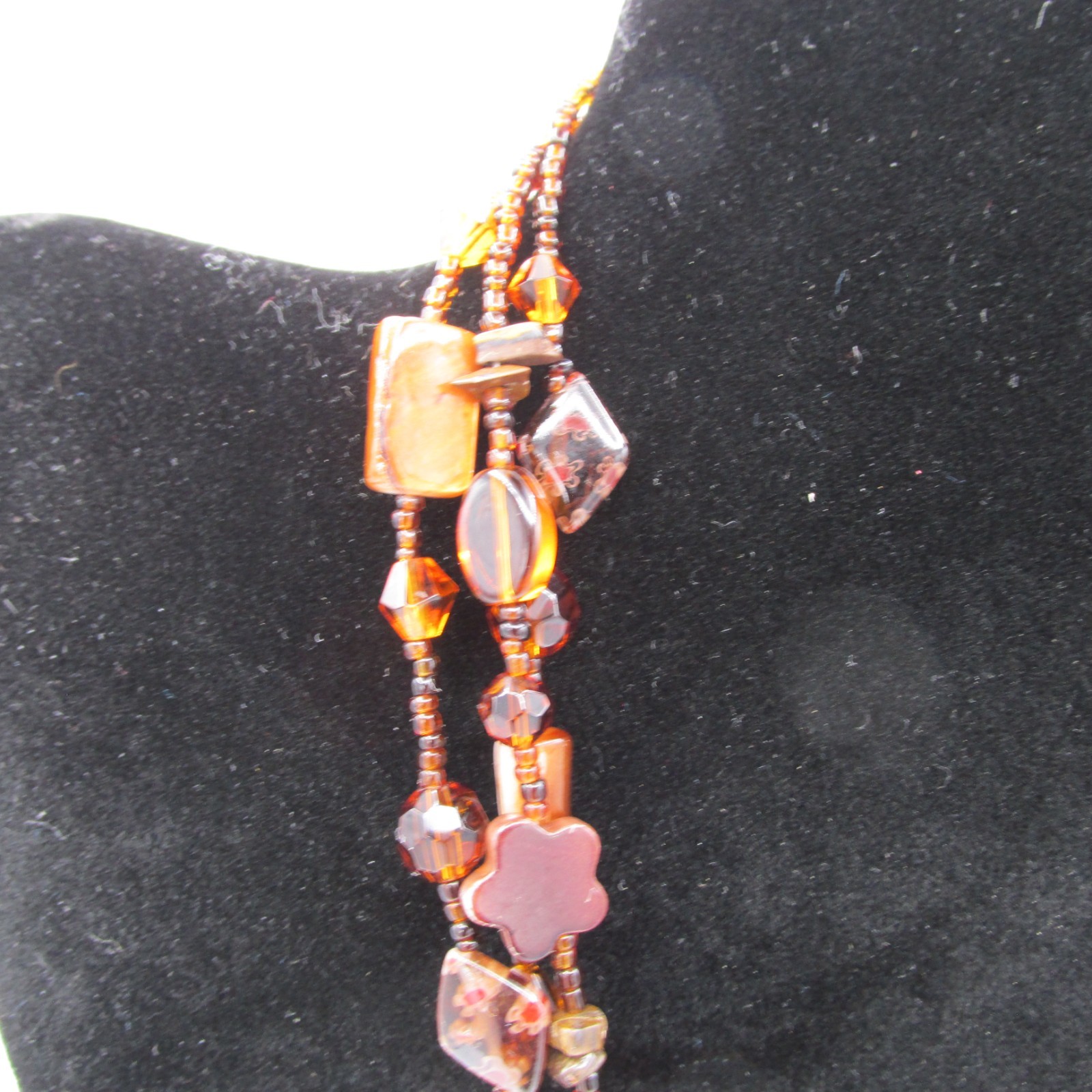 Triple Strand Necklace Amber Copper Brown Silver Tone Metal Lampwork Glass Bead