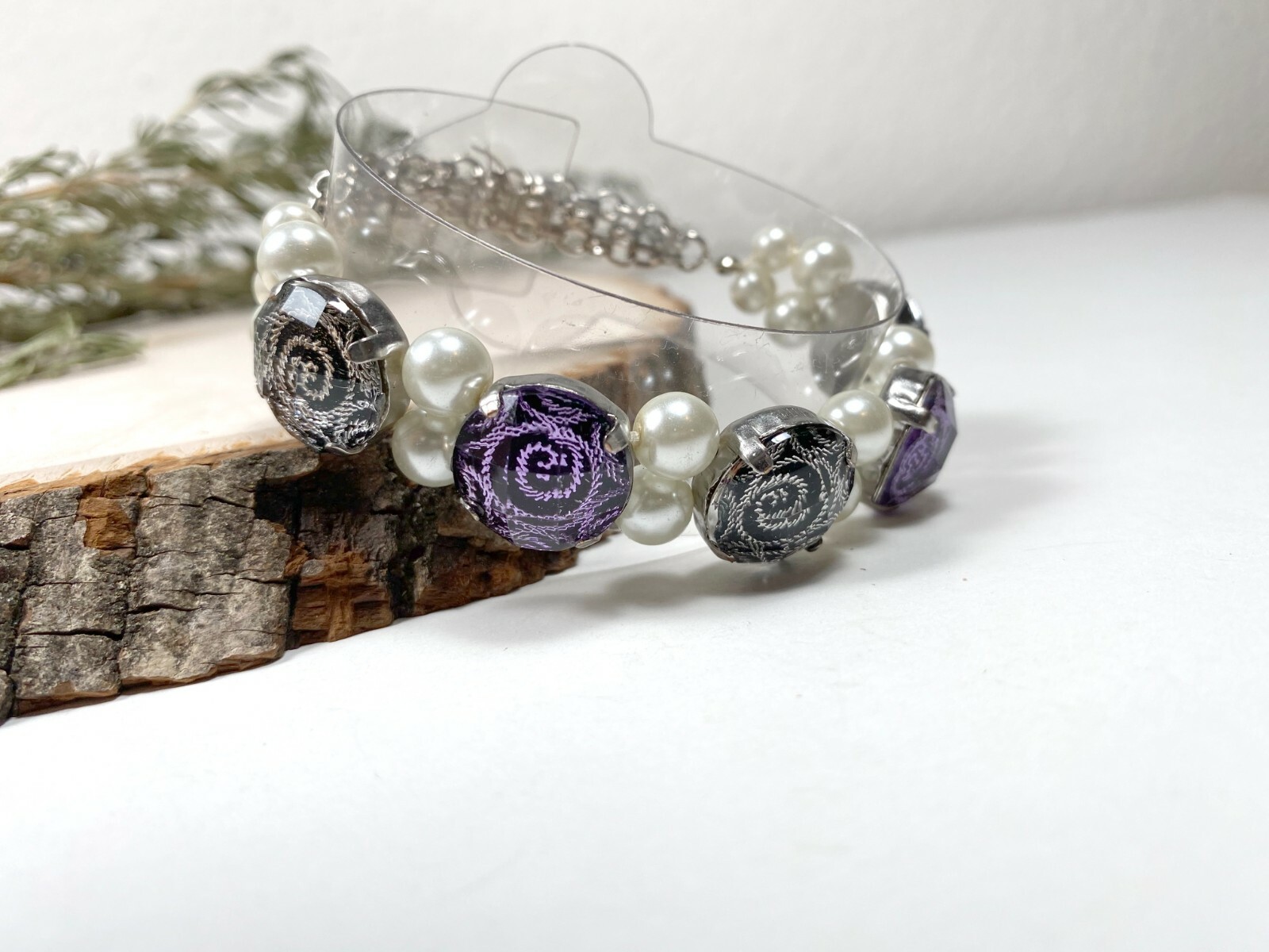 Flower Bracelet Chain Bracelet Woman Rose Purple Silver Stretch Beaded 6 pcs