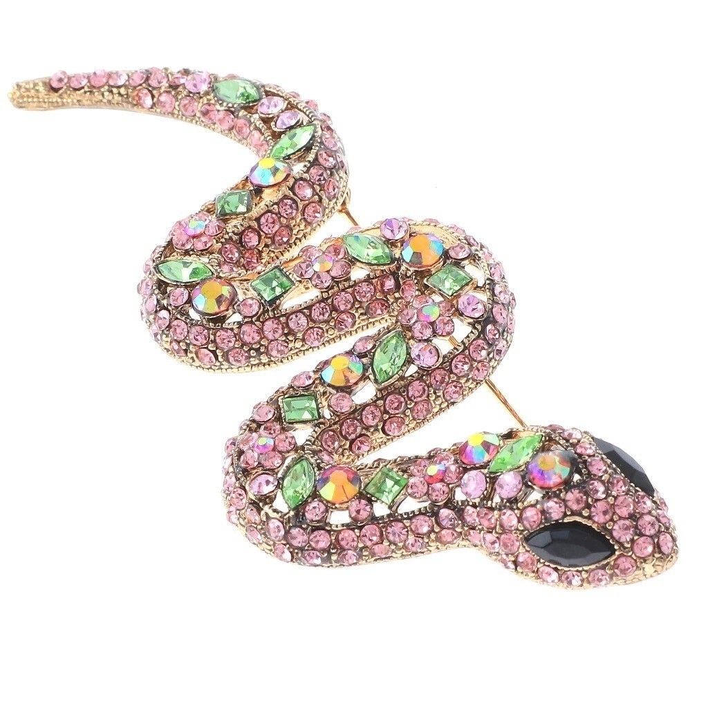 Antique Gold Tone Metal Large Crystal Snake Brooch P1395-PKGN