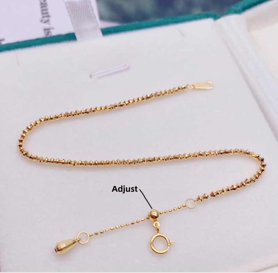 Solid 18K Yellow Gold AU750 Laser Beads Bracelet Bangle Chain Adjust 16-18cm