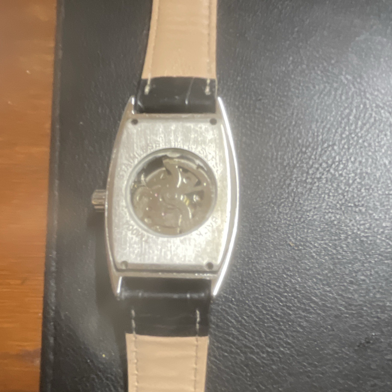 FINE Automatic Tonneau Dress Watch Silver Dial Black Leather Strap Exhibition