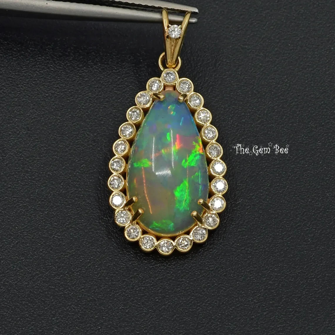 14k Yellow Gold 3.95CT Pear Shape Natural Opal 0.47CT Diamond Necklace Pendant