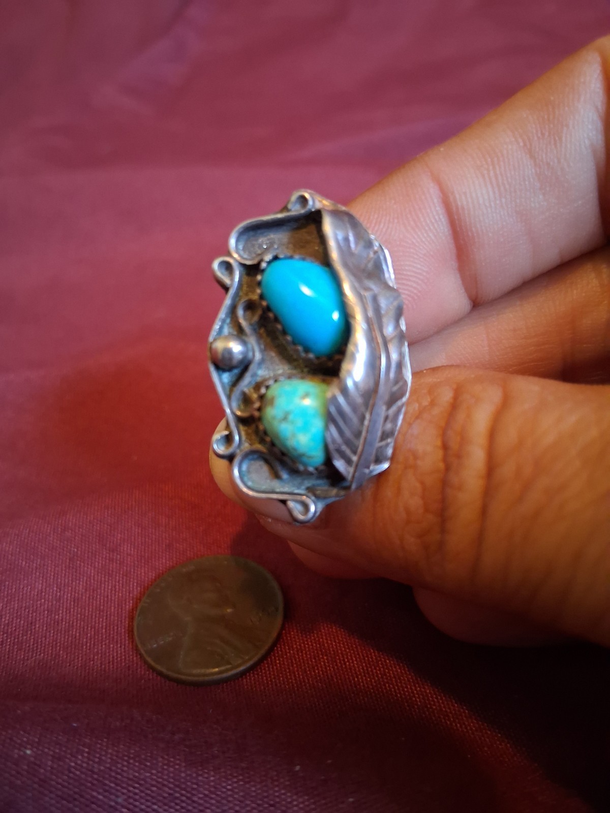 Vintage Sterling Native American Silver Ring 2 Stone Leaf Ring Sterling 4.5