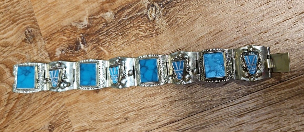 Vintage Silver & Turquoise Hecho En Mexico Taxco Alpaca Warrior Mask Bracelet 7”