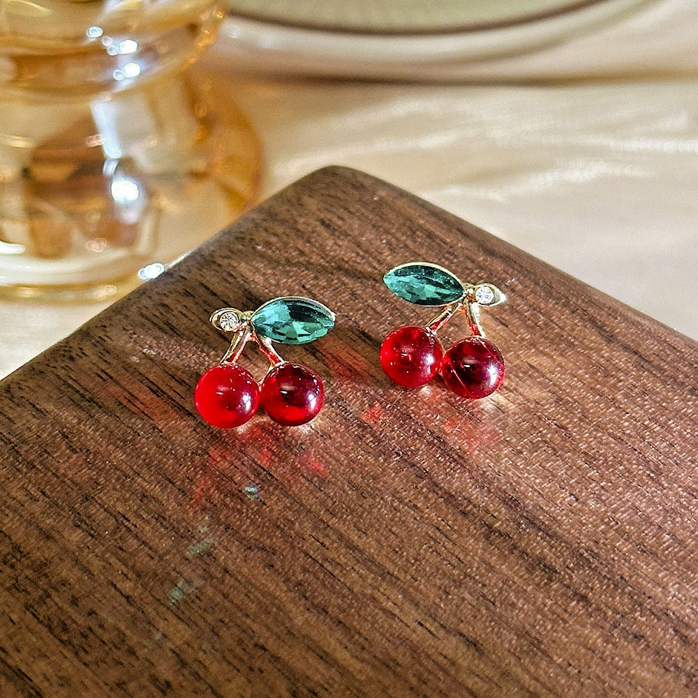 Red Cherry Stud Earrings Green Leaf Gold Tone – Dainty Fruit Studs S925 Post