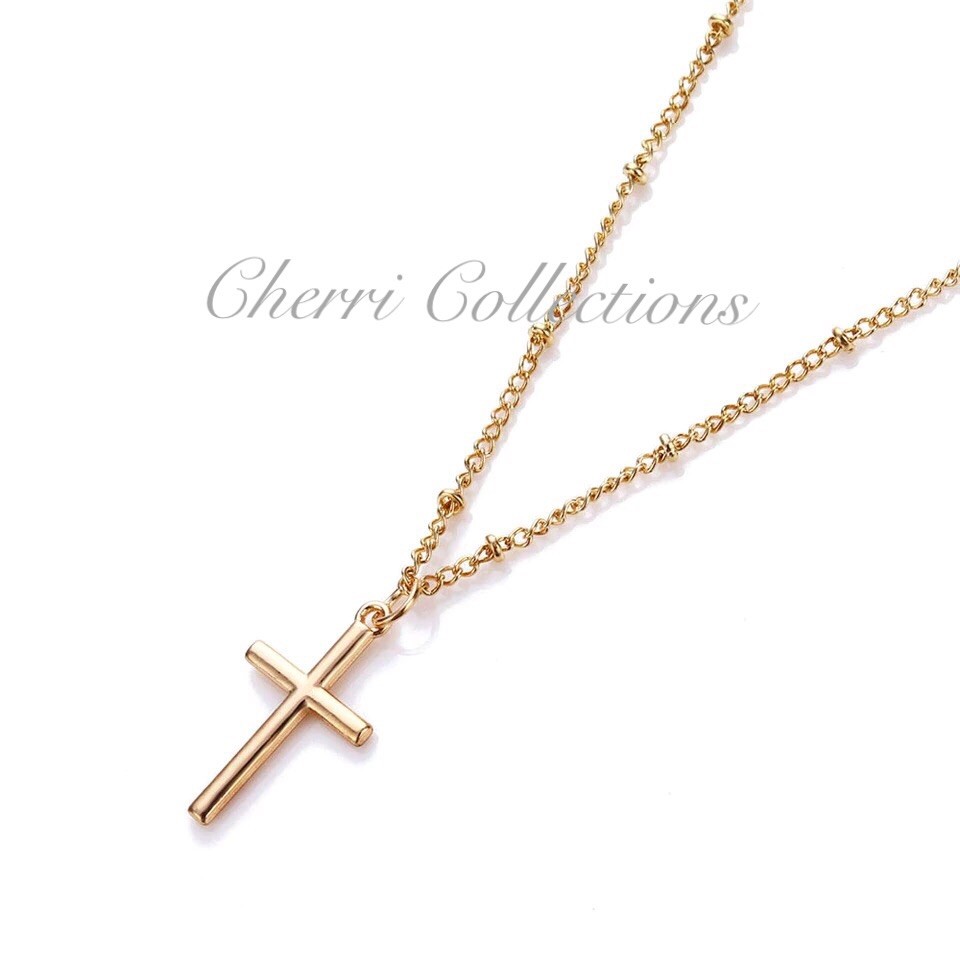 Women Silver or Gold Plated Simple Small Cross Pendant Necklace Beaded Chain N2