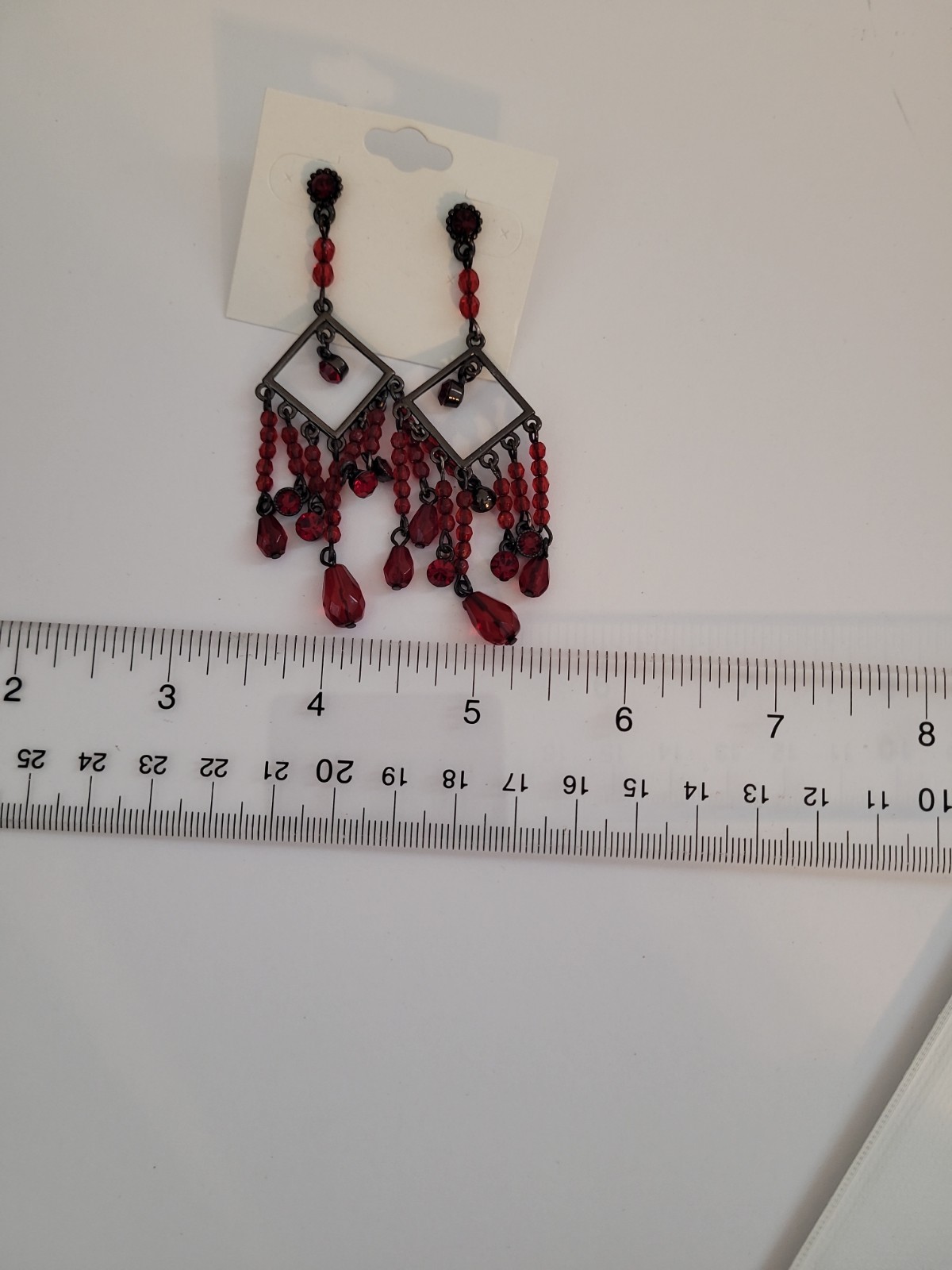 Red Beaded Chandelier Dangle Earrings Gunmetal Tone Geometric Boho Statement