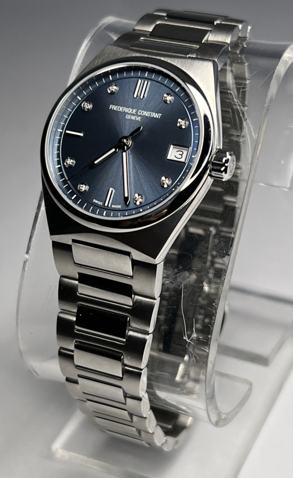 Frederique Constant Highlife 31mm Steel Quartz Date Watch Blue Dial w/ Diamonds